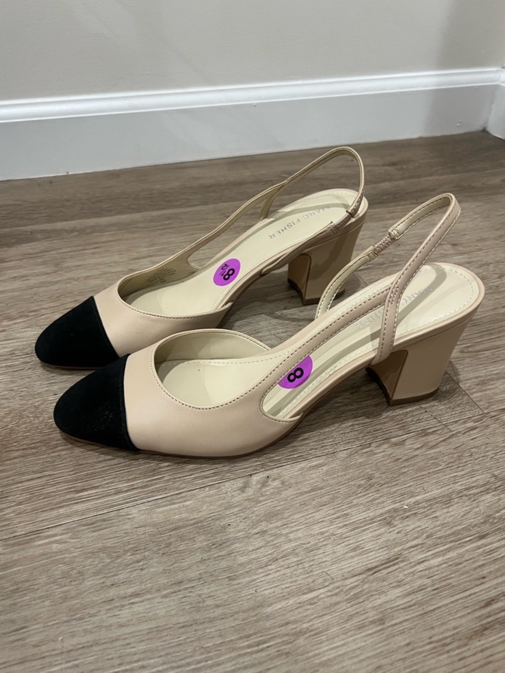 Marc Fisher Nude Slingback Block Heel with Black Cap Toe